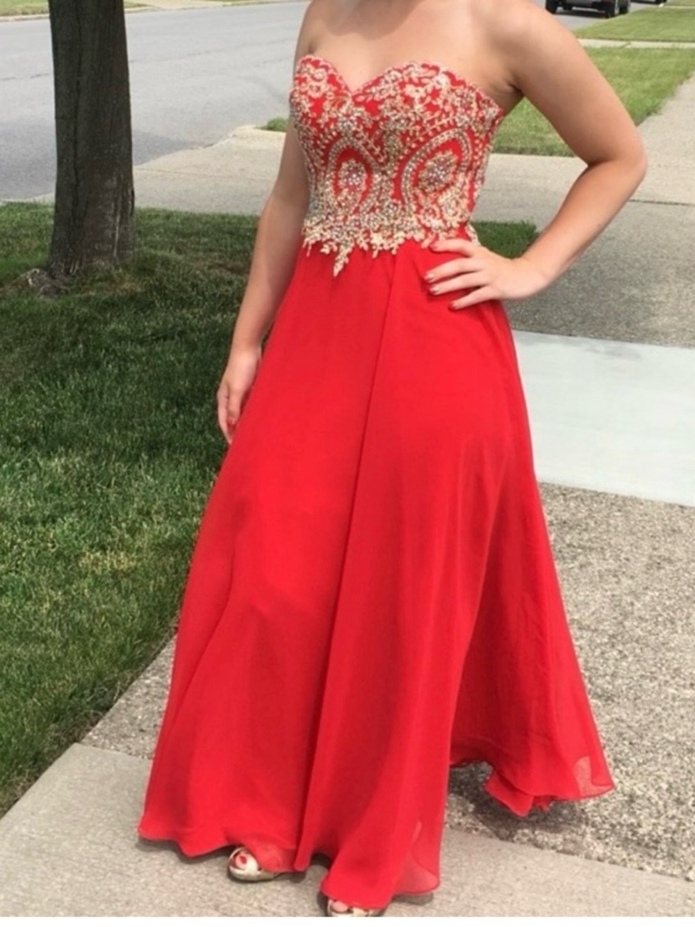 🔥 Clarisse Red Strapless Beaded Prom Dress Gown Size 0 – Worn Once